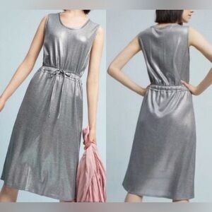 Anthropologie Dolan Metallic Silver Drawstring Ribbed Midi Dress, Size XS